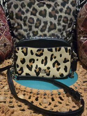 Coach Jamie Leopard Camera Bag Gold Chain Strap Black Trim Studs